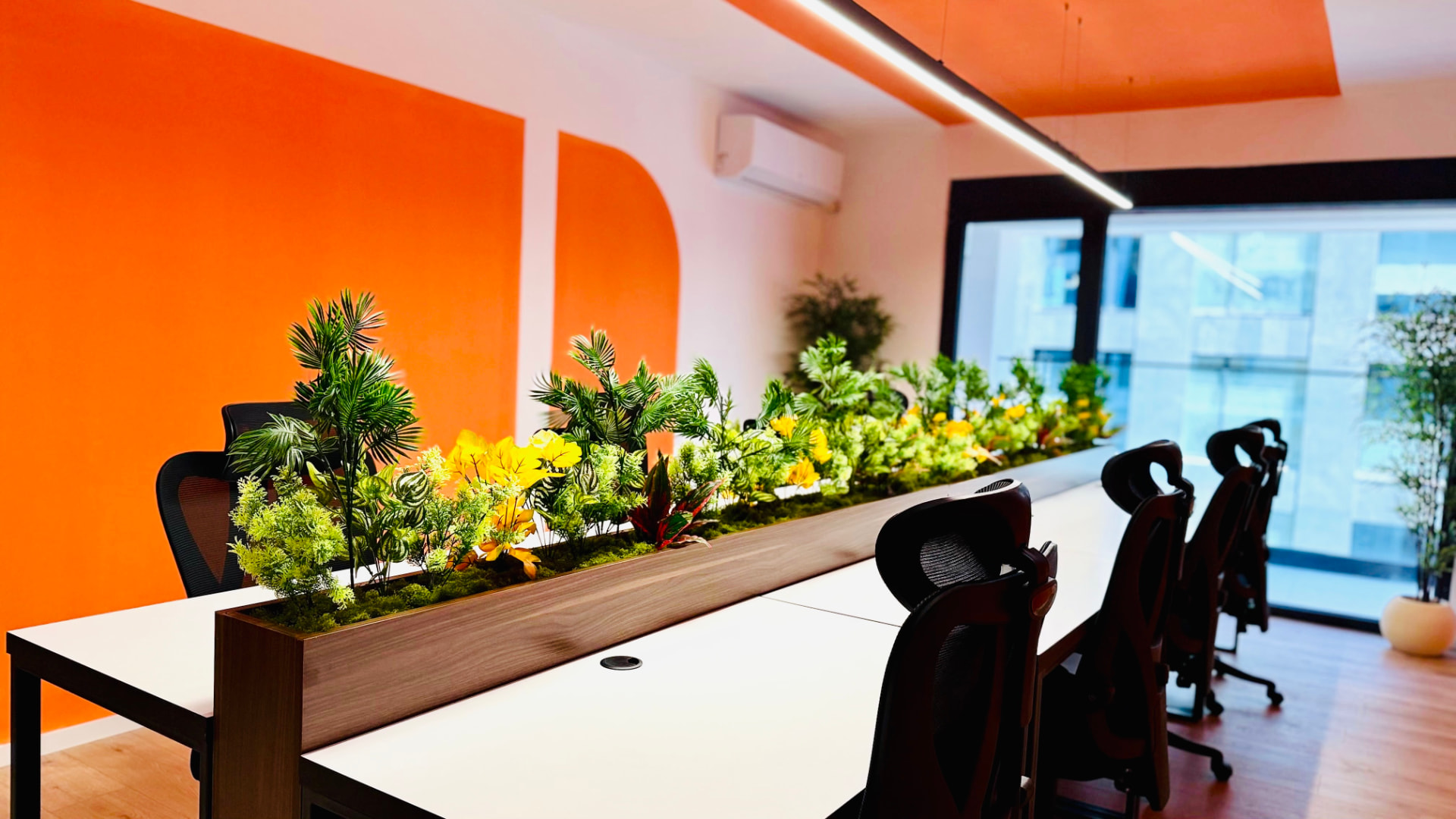 Desks along the planter with the balcony windows behind