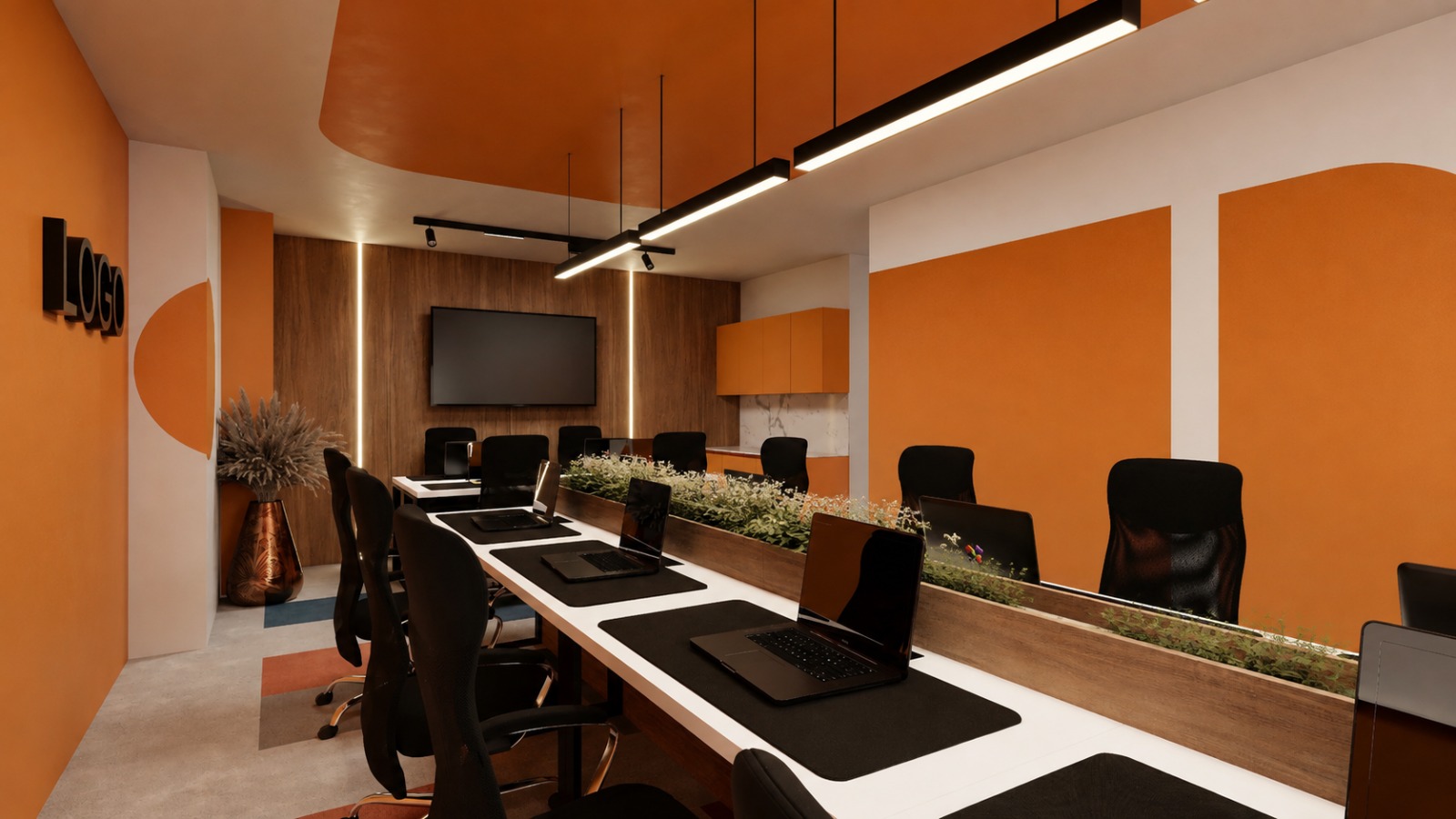 PRN CO-WORK private team office in Prishtina with orange accent walls, dedicated desks and outlets